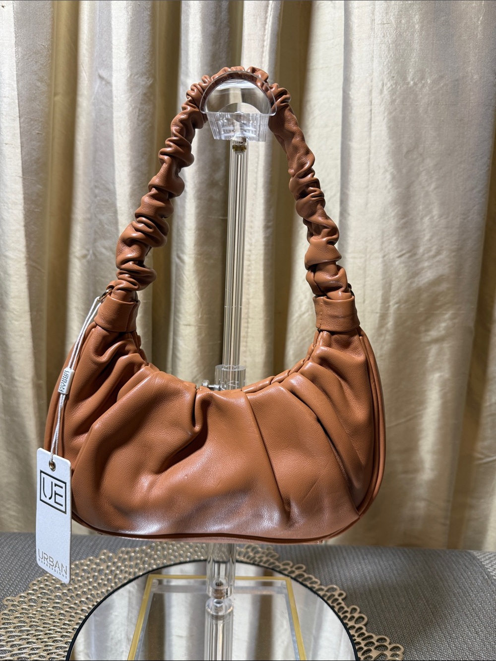 Urban Expressions Oliveta Tan Ruched Vegan Leather Shoulder Bag NWT